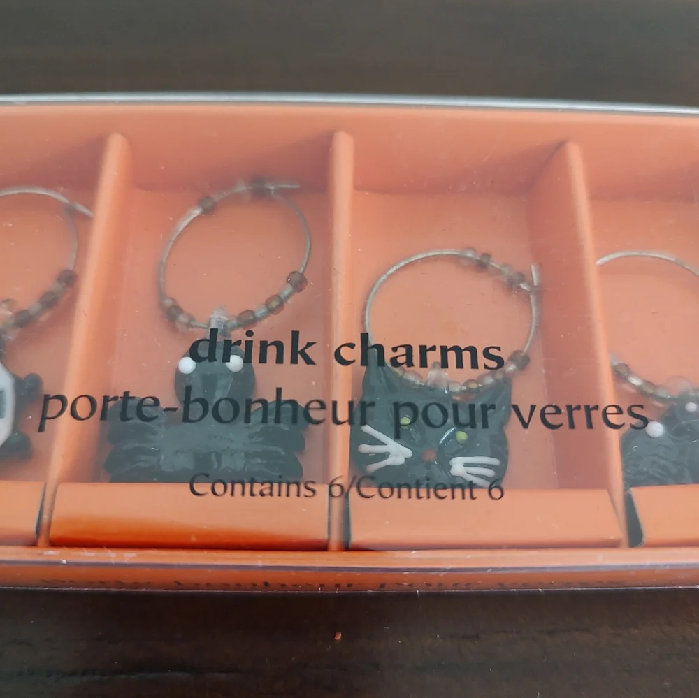 VTG Pier 1 Halloween Glass Drink Charms Pumpkin Spider Web Ghost Black Cat Bat